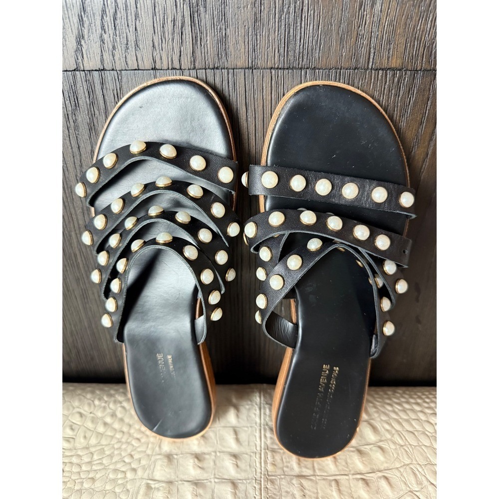 Saks Fifth Avenue Studded Leather Sandals Black Pearl Embellished Flat US 8